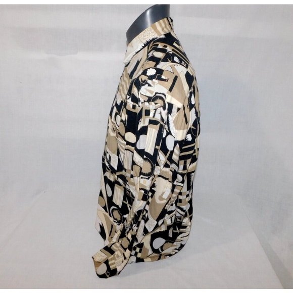 VTG Natural Issue By Feldini Men L Tan Black Geometric Shapes rayon Button Shirt - Picture 8 of 11